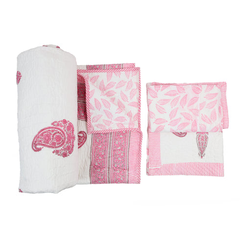 Blush Pink Paisley Quilted Bed Cover and Pillow Cover – Hand Block Print
