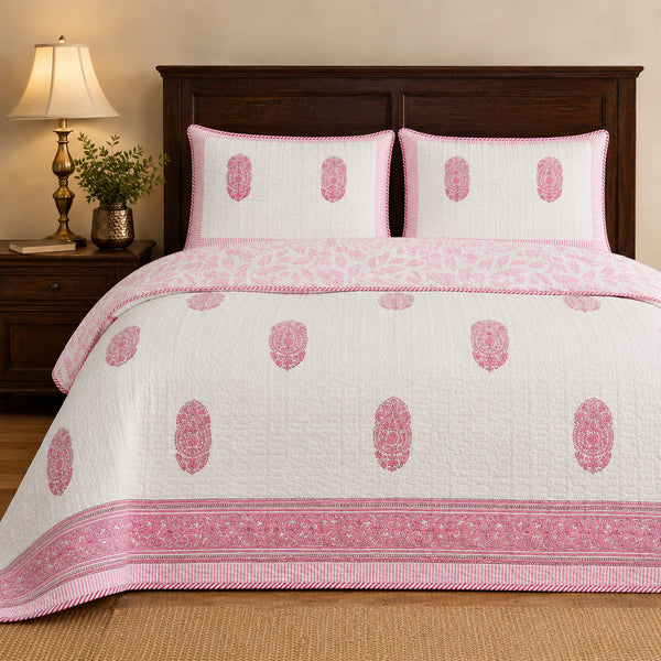 Blush Pink Paisley Quilted Bed Cover and Pillow Cover – Hand Block Print