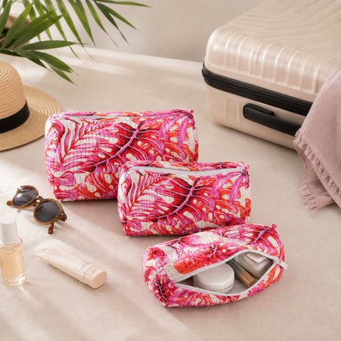 Blush Pink Quilted Cosmetic Pouch (Set of 3) - Hand Block Print