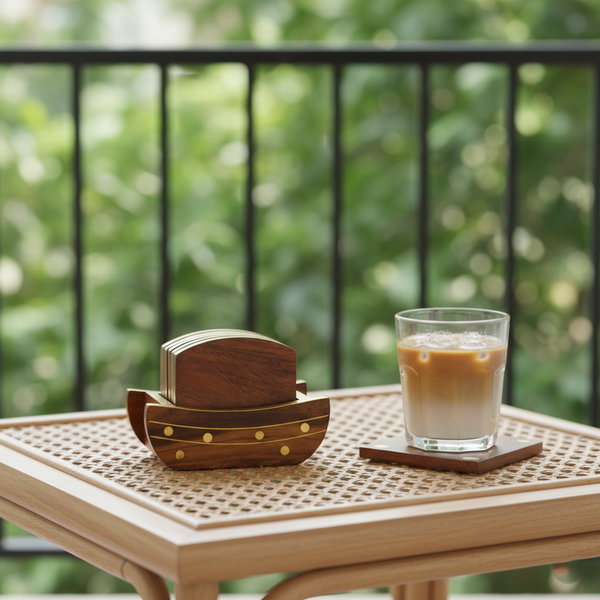 Boat-Shaped Wooden Coaster Set with Holder