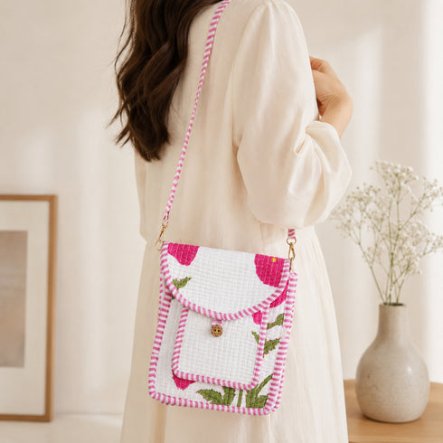 Bold Pink Poppy Quilted Cotton Mobile Sling Bag