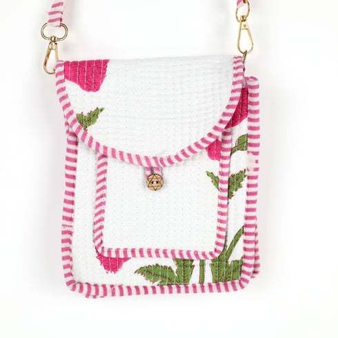 Bold Pink Poppy Quilted Cotton Mobile Sling Bag