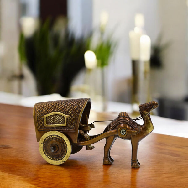 Brass Camel Cart Showpiece | Handcrafted Golden Camel Figurine with Rider | Rajasthani Handcrafted Gifting Item