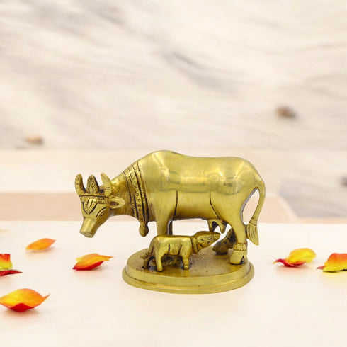 Brass Kamdhenu Cow with Calf | Spiritual Showpiece for Home, Pooja & Gifts