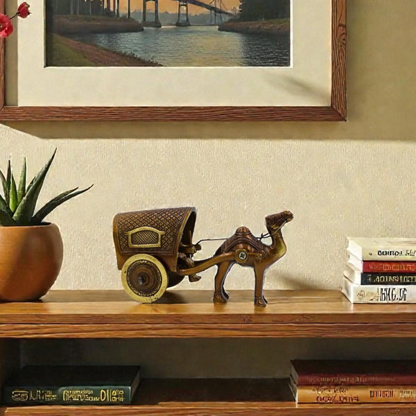 Brass Camel Cart Showpiece | Handcrafted Golden Camel Figurine with Rider | Rajasthani Handcrafted Gifting Item
