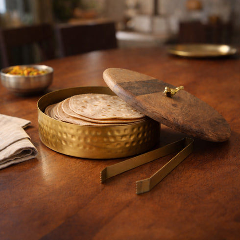 Brass Chapati Box with Wooden Lid and Tong