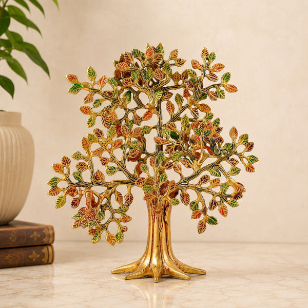 Brass Decorative Kalpavriksha Tree with Colourful Leaf Detailing
