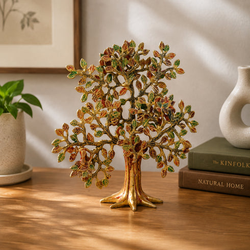Brass Decorative Kalpavriksha Tree with Colourful Leaf Detailing