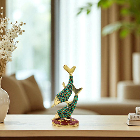 Brass Dolphin Fish Pair Statue with Stone-Work