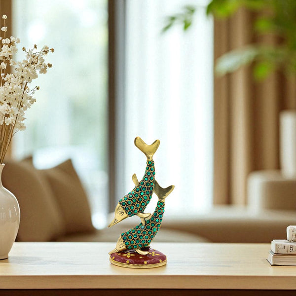 Brass Dolphin Fish Pair Statue with Stone-Work