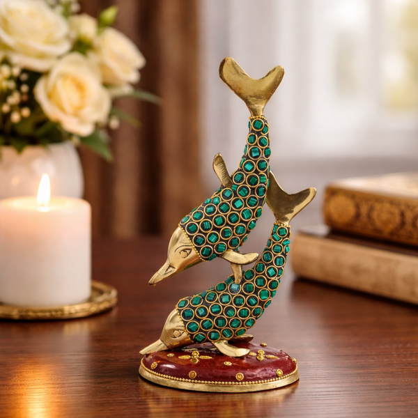 Brass Dolphin Pair Statue with Stone Inlay Work