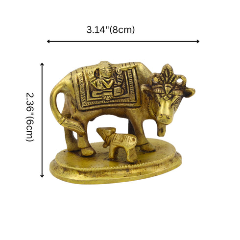 Brass Kamdhenu Cow with Calf Featuring Krishna Carvings | Temple, Pooja, and Home Decor Showpiece