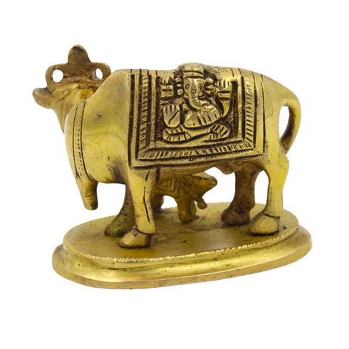 Brass Kamdhenu Cow with Calf Featuring Krishna Carvings | Temple, Pooja, and Home Decor Showpiece