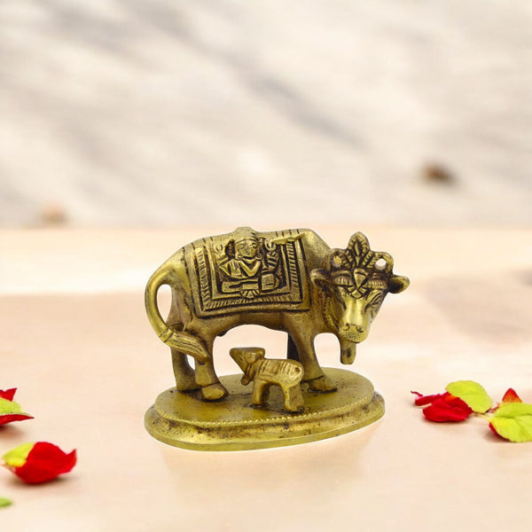 Brass Kamdhenu Cow with Calf Featuring Krishna Carvings | Temple, Pooja, and Home Decor Showpiece