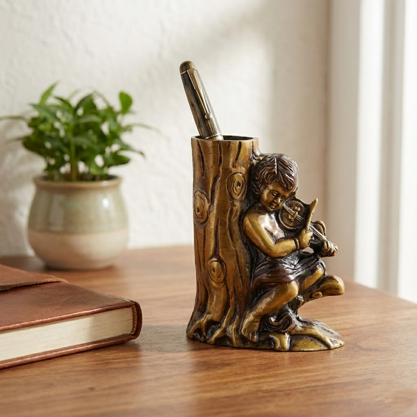 Brass Pen Stand - Boy Playing Violin Under Tree