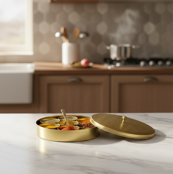 Brass Spice Box For Kitchen With Spoon