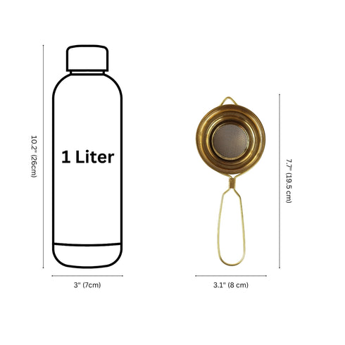 A product dimension diagram showing a 1-liter bottle outline labeled 10.2 inches tall by 3 inches wide, and a small mesh strainer with loop handle labeled 7.