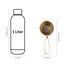 A product dimension diagram showing a 1-liter bottle outline labeled 10.2 inches tall by 3 inches wide, and a small mesh strainer with loop handle labeled 7.