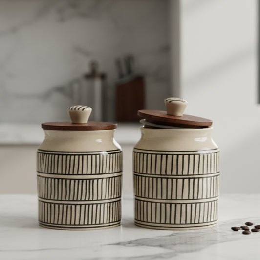 Ceramic Jar set with black horizontal and vertical lines pattern (Set of 2)