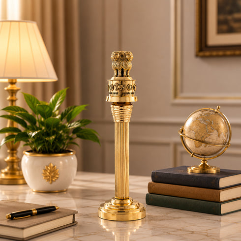 Handcrafted brass Ashoka Pillar replica with Sarnath lion capital detail, antique finish showpiece