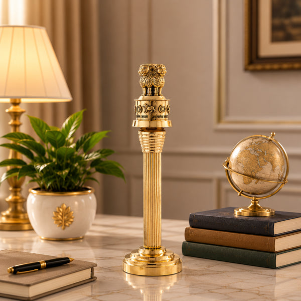 Handcrafted brass Ashoka Pillar replica with Sarnath lion capital detail, antique finish showpiece