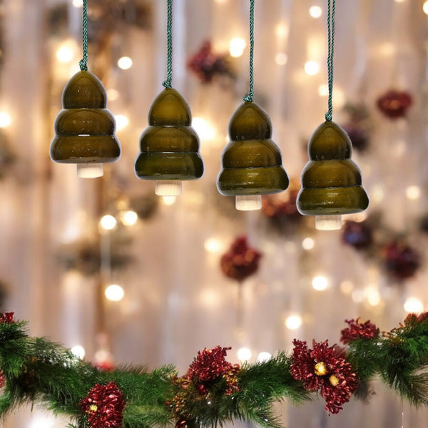 Christmas Décor Handcrafted Eco-friendly Green Wooden Tree Bell Hangings—Set of 4