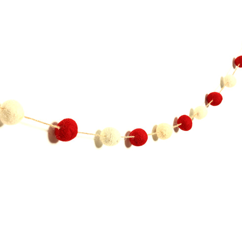 Christmas Décor Handmade Felt Pompom Garland—Red and White