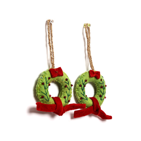 Christmas Décor Handmade Green and Red Felt Wreath Hangings with Detailed Embroidery Work