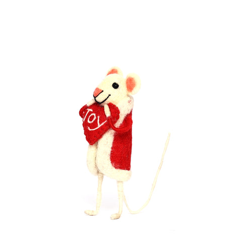 Christmas Décor Handmade Needled Felt Work Mouse Carrying "Heart of Joy"