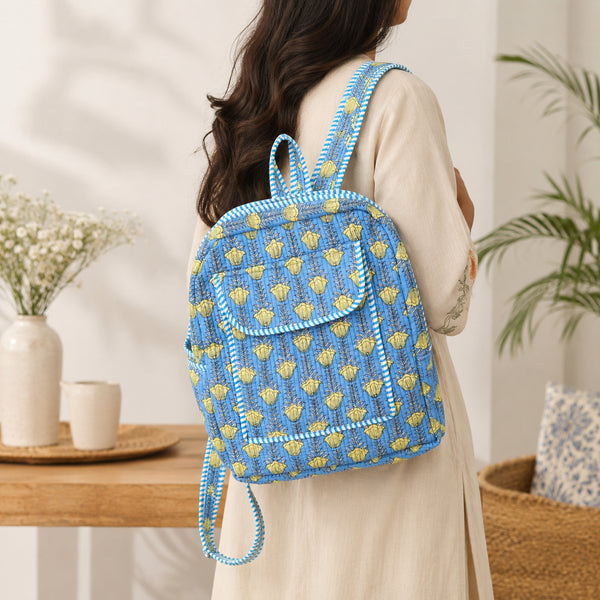 Classic Blue Blossom Cotton Backpack - Hand Block Print
