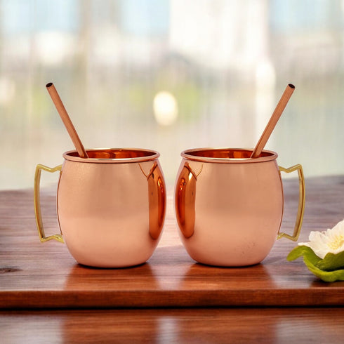 Classic Moscow Mule Copper Mugs | Set of 2 with Pure Copper Straws