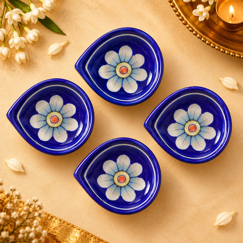 Dark Blue Floral Blue Pottery Diya