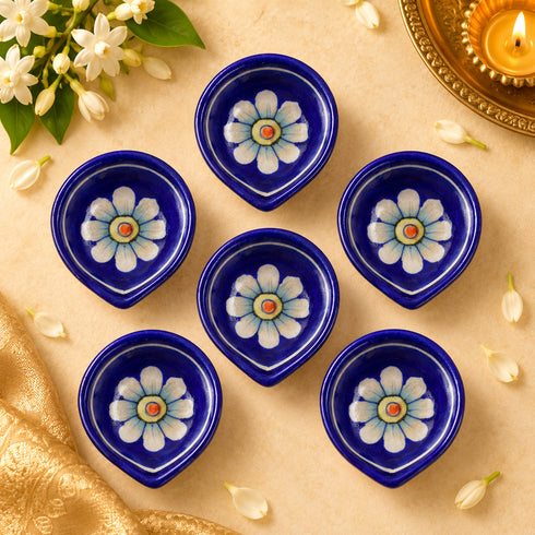 Dark Blue Floral Blue Pottery Diya
