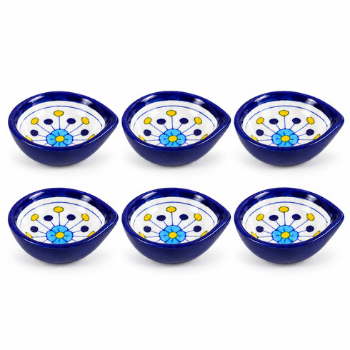 Decorative White and Blue Floral Blue Pottery Diya
