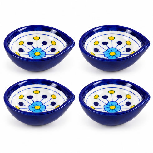 Decorative White and Blue Floral Blue Pottery Diya
