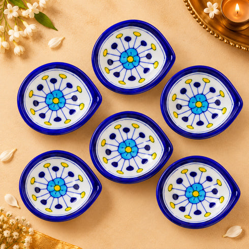 Decorative White and Blue Floral Blue Pottery Diya