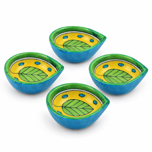 Green & Yellow Blue Pottery Leaf Diya
