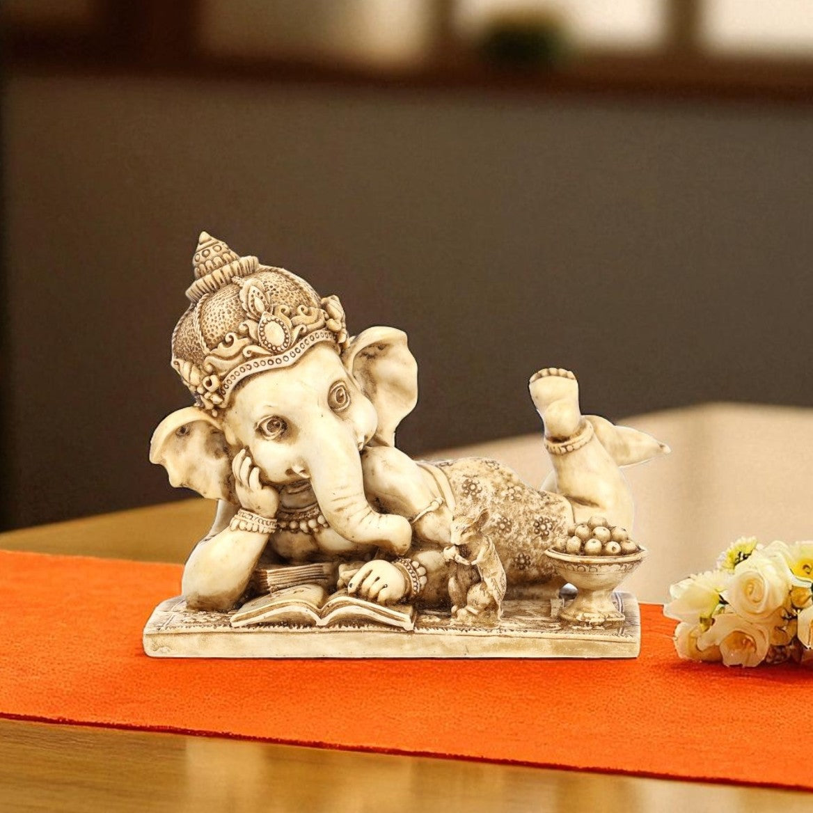 Cultured Marble Ganesha Reclining Position Statue