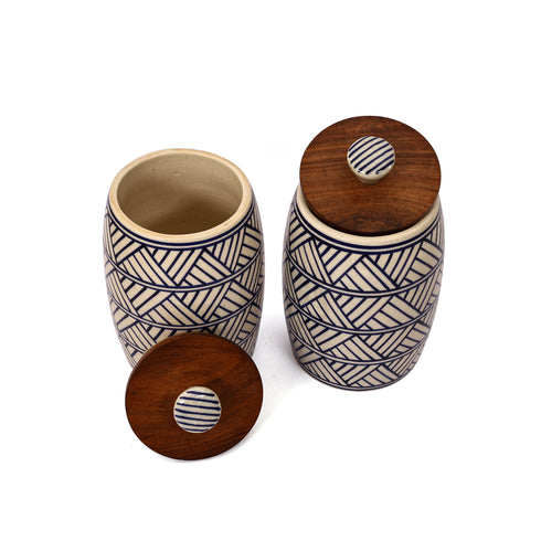 Cylindrical strike pattern Jar set with wooden lid  (Set of 2)
