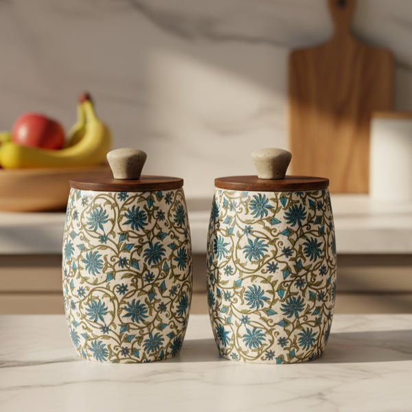 Decal Ceramic air-tight jar set with blue flower pattern (Set of 2)