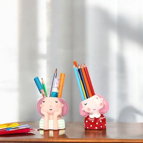 Decorative Cute Girls Pen Holder—Set of 2—Red and Green