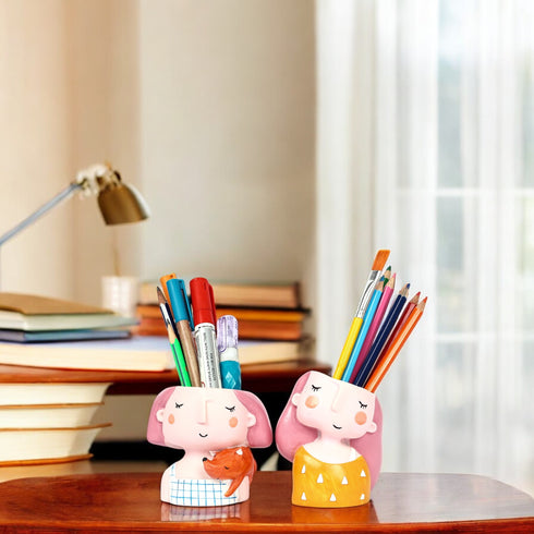 Decorative Cute Girls Pen Holder—Set of 2—Yellow and White