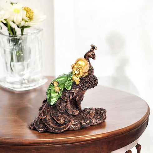 Decorative Showpiece of a Laughing Buddha Peacefully Sleeping on a Peacock