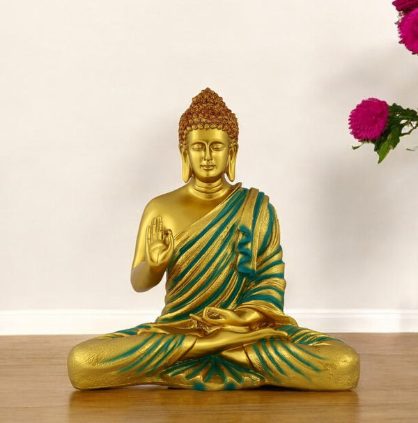 Elegant 14-Inch Gold Buddha Statue with Turquoise Robe - Handcrafted Brass Meditation Decor