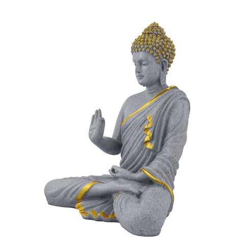 Elegant Grey & Gold Polyresin Buddha Statue – 14 Inch Handcrafted Meditating Monk Figurine for Home & Office Décor