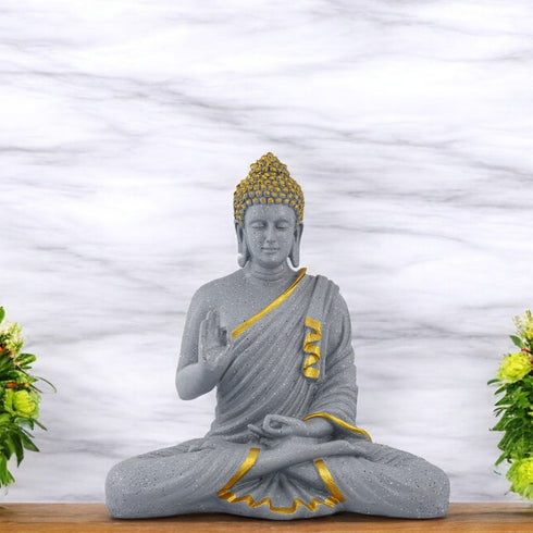 Elegant Grey & Gold Polyresin Buddha Statue – 14 Inch Handcrafted Meditating Monk Figurine for Home & Office Décor