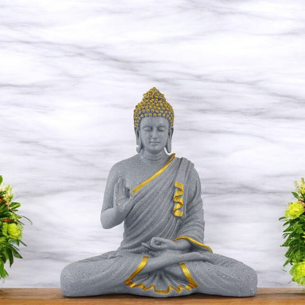 Elegant Grey & Gold Polyresin Buddha Statue – 14 Inch Handcrafted Meditating Monk Figurine for Home & Office Décor