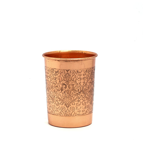Engraved Pure Copper Drinking Glass | Ayurvedic Health Tumbler with Floral Motif