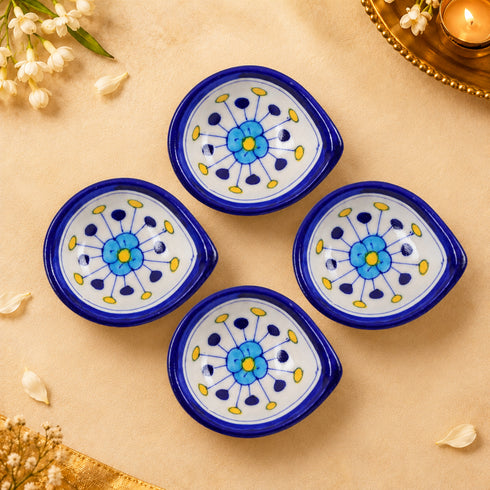 Decorative White and Blue Floral Blue Pottery Diya
