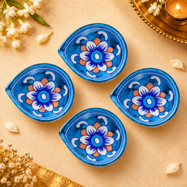Turquoise Hand-painted Dual Tone Blue Pottery Diya Set